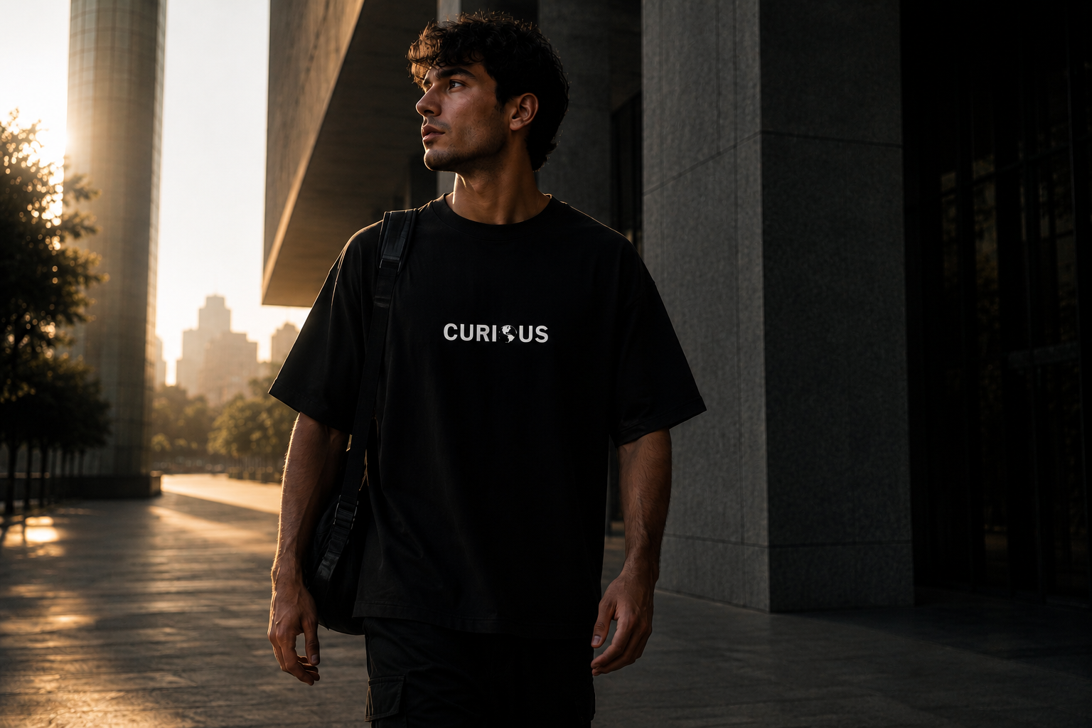 Man wearing a black t-shirt with 'CURIOUS' text, standing outdoors with buildings in the background.